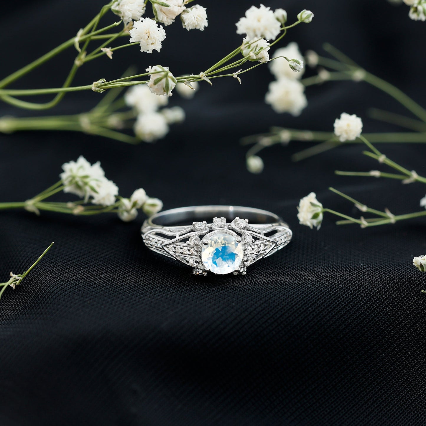 Vintage Inspired Moonstone Engagement Ring with Diamond