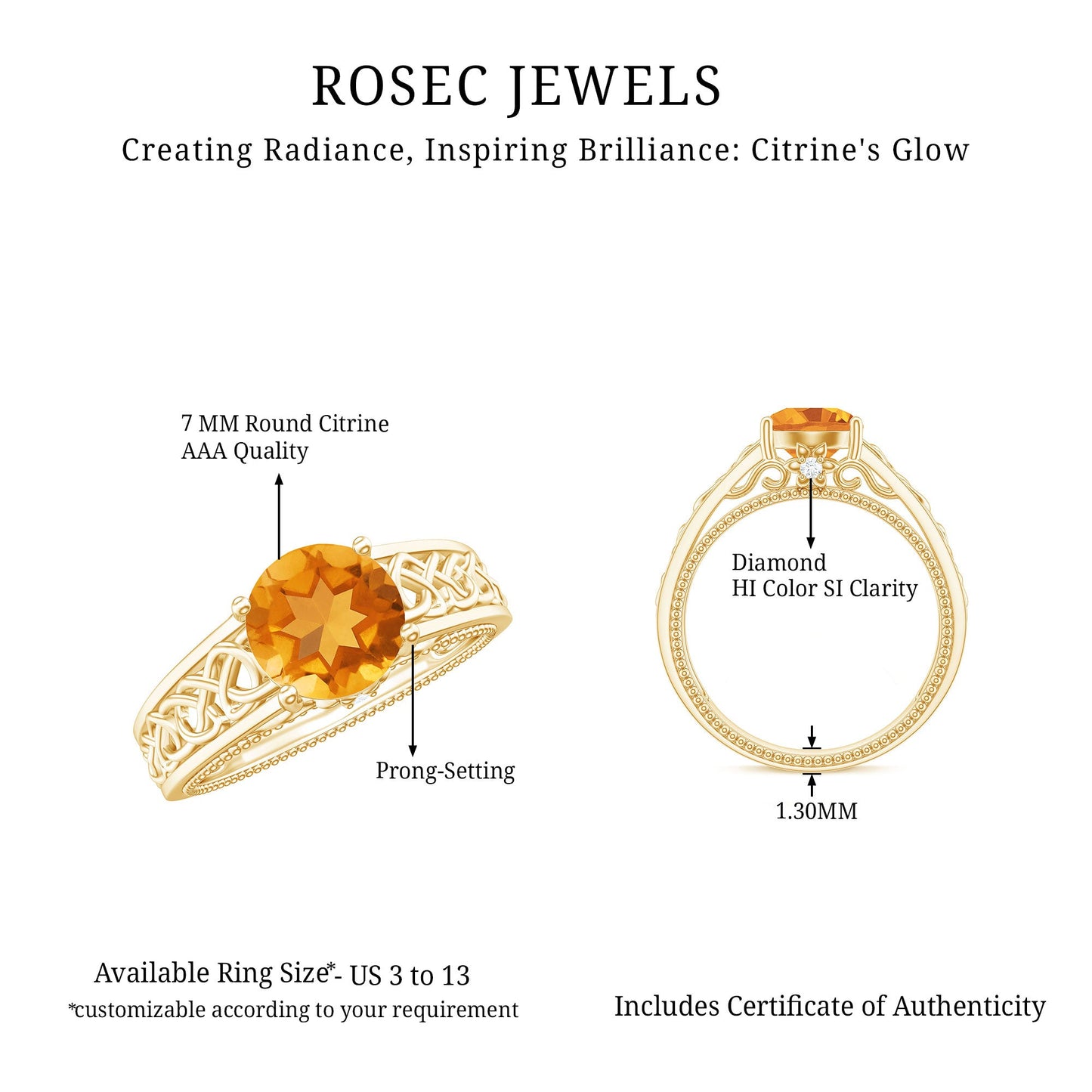 Vintage Style Citrine Diamond Engagement Ring with Celtic Knot