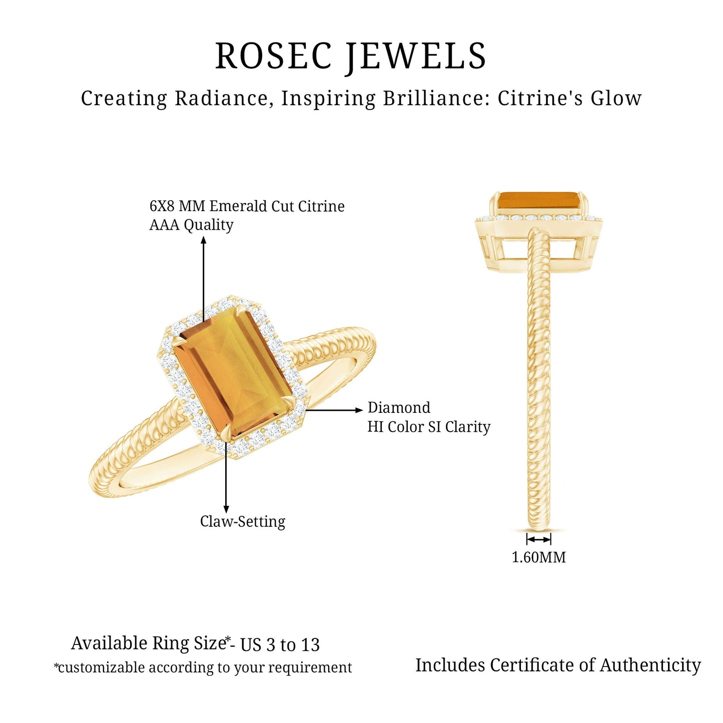 Natural Citrine Emerald Cut Engagement Ring with Diamond Halo