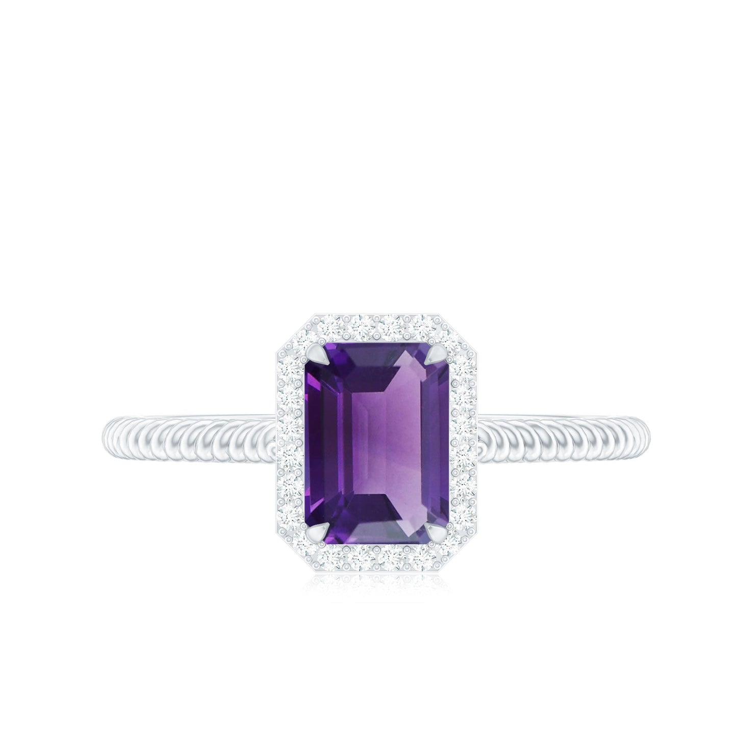 Natural 1.4 Carat Amethyst Emerald Cut Engagement Ring with Diamond Halo