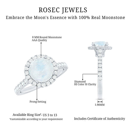 0.8 Carat Round Moonstone Halo Engagement Ring with Diamond