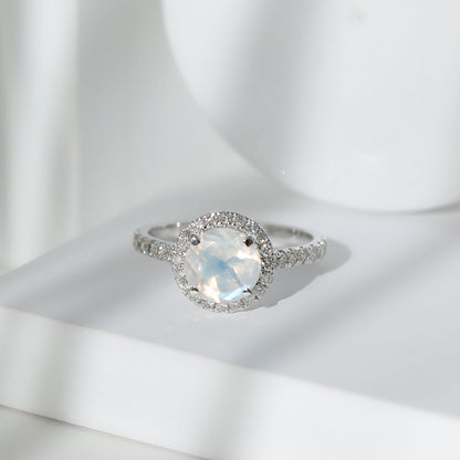0.8 Carat Round Moonstone Halo Engagement Ring with Diamond