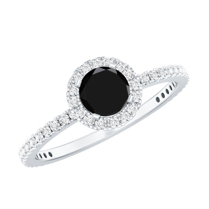 Black Spinel Minimal Engagement Ring with Diamond Halo