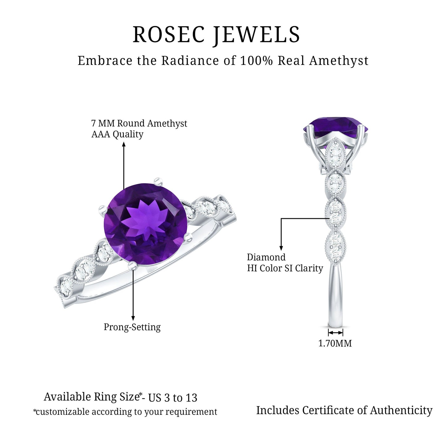 Amethyst and Diamond Solitaire Engagement Ring with Milgrain Details