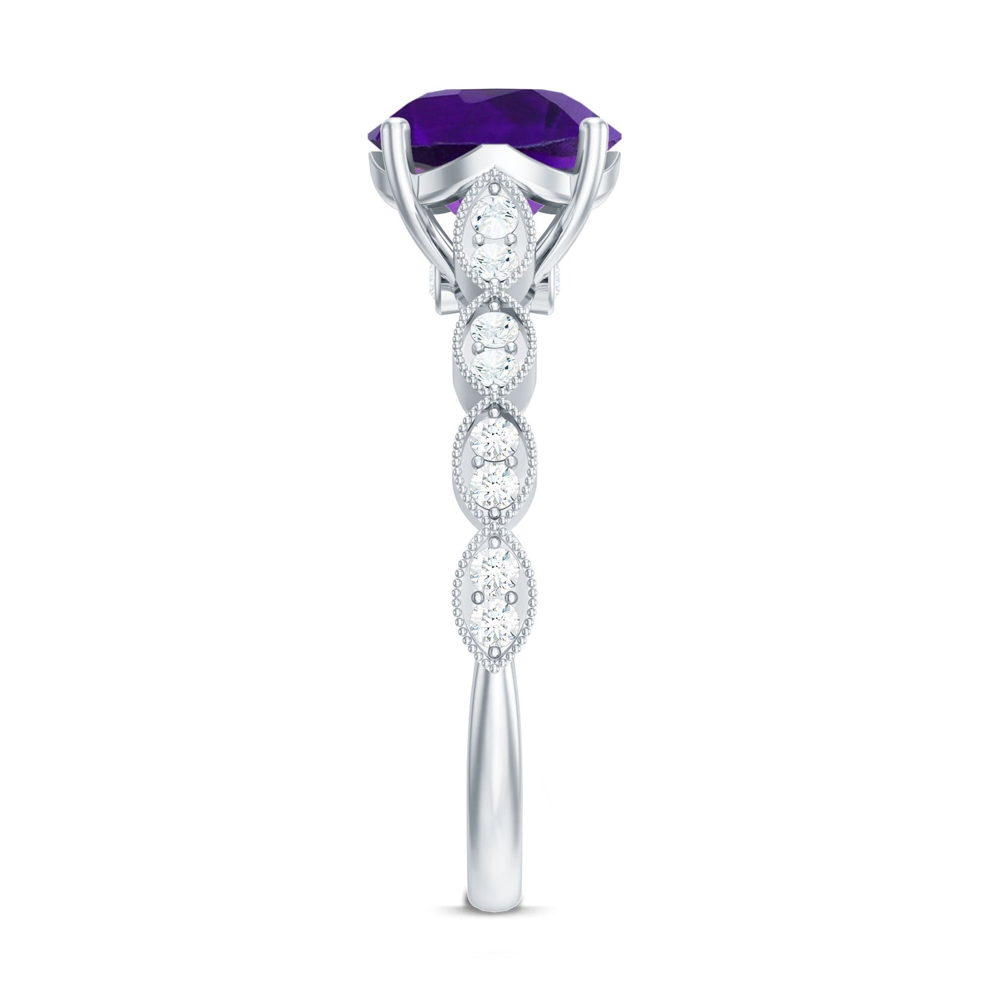 Amethyst and Diamond Solitaire Engagement Ring with Milgrain Details