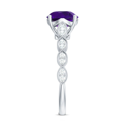 Amethyst and Diamond Solitaire Engagement Ring with Milgrain Details