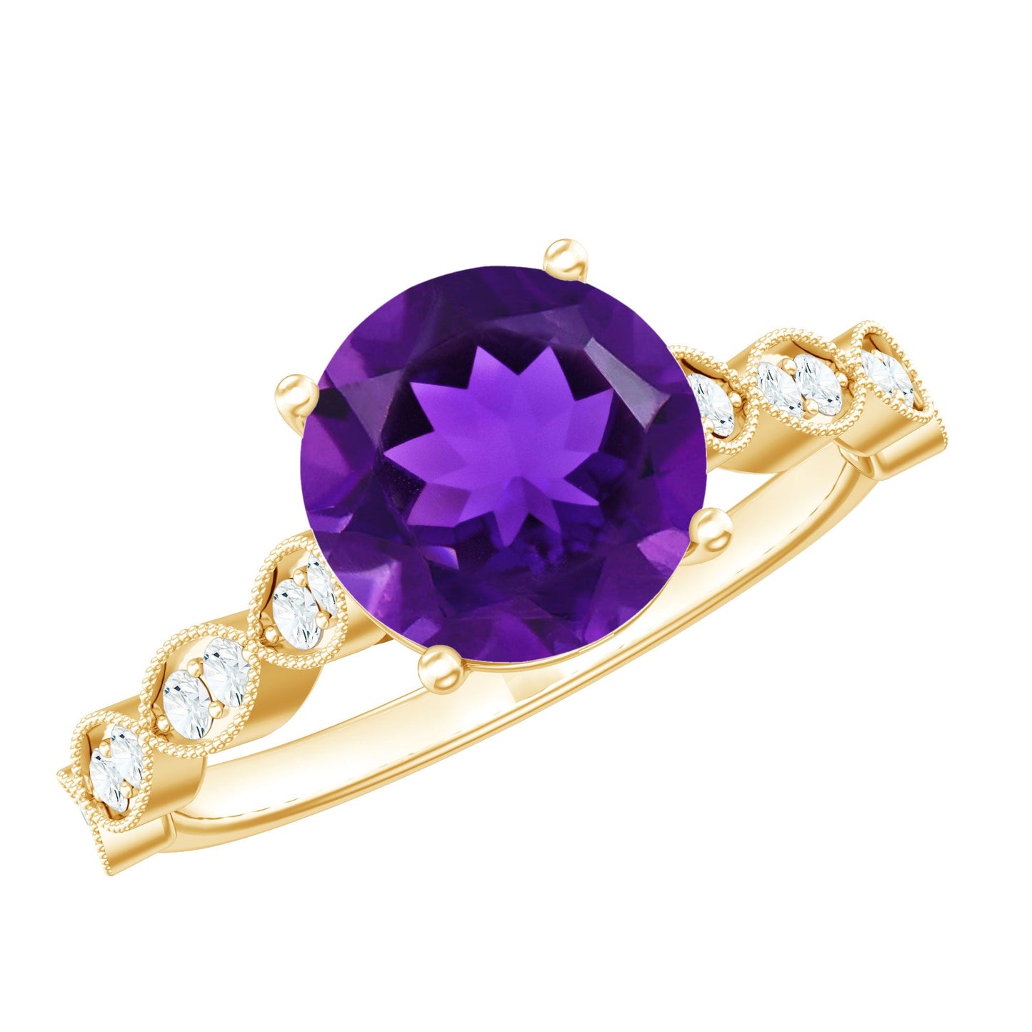 Amethyst and Diamond Solitaire Engagement Ring with Milgrain Details