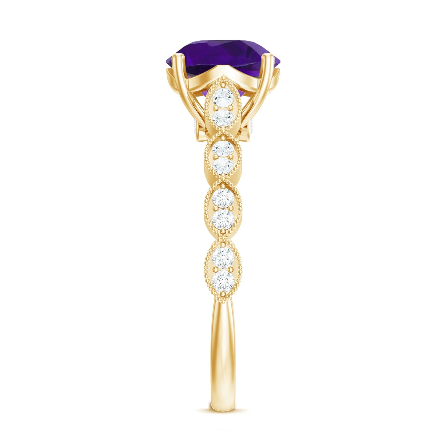 Amethyst and Diamond Solitaire Engagement Ring with Milgrain Details