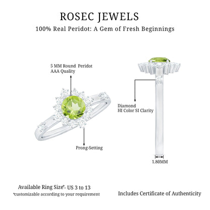 Real Half Carat Peridot Engagement Ring with Diamond Halo