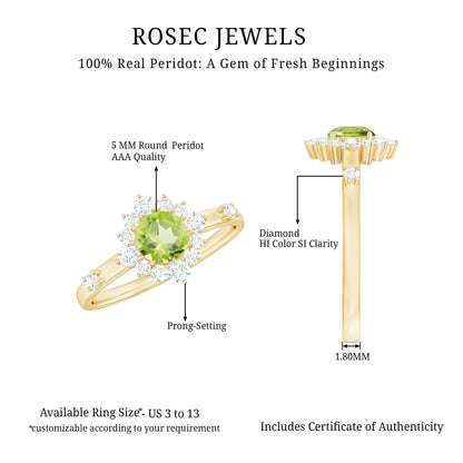 Real Half Carat Peridot Engagement Ring with Diamond Halo