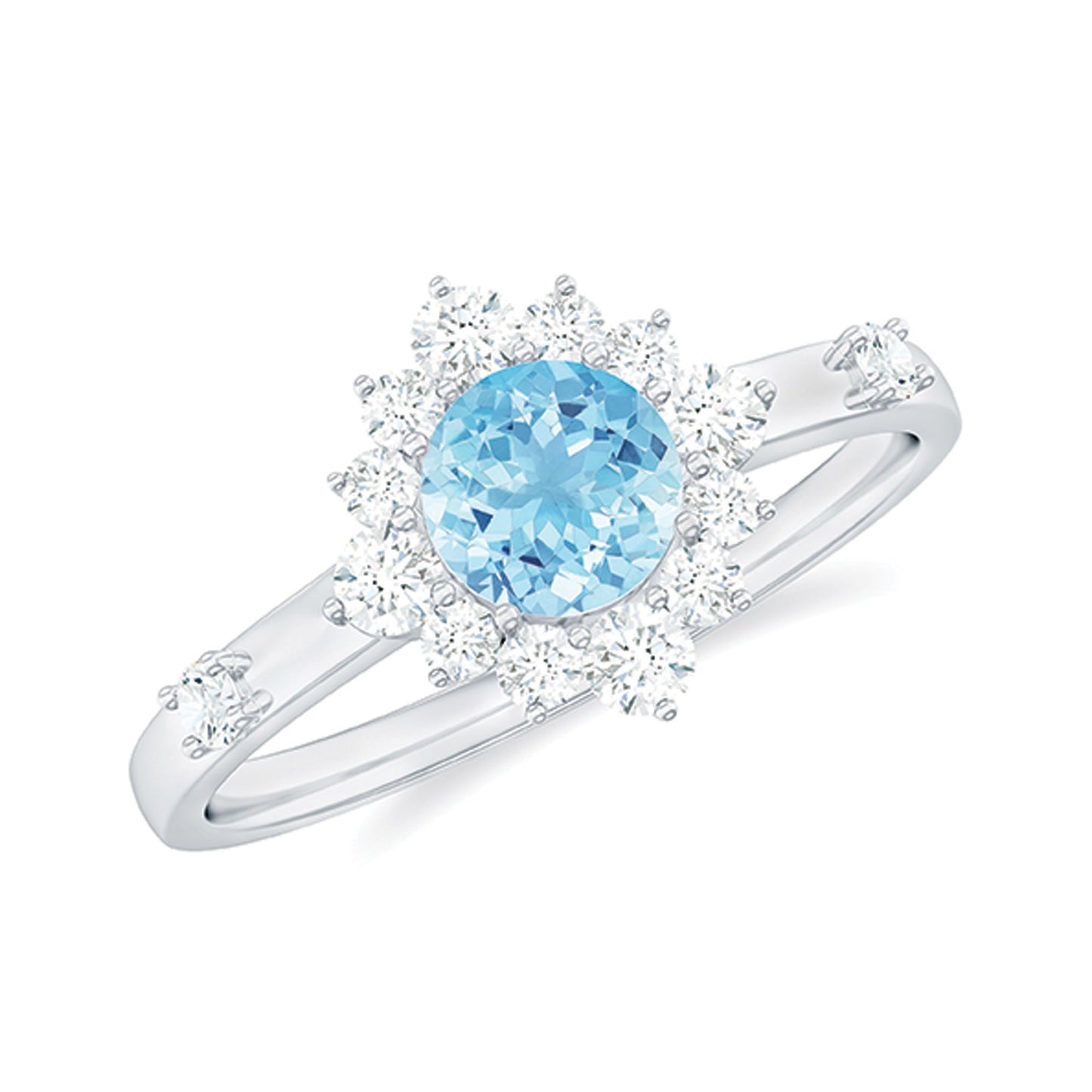 Genuine 0.8 Carat Aquamarine and Diamond Halo Engagement Ring