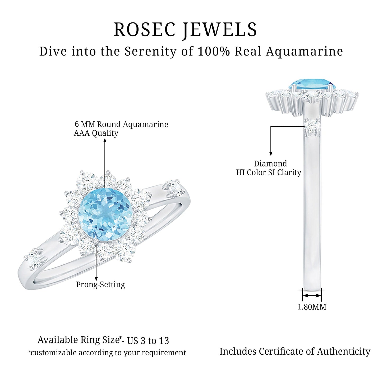 Genuine 0.8 Carat Aquamarine and Diamond Halo Engagement Ring
