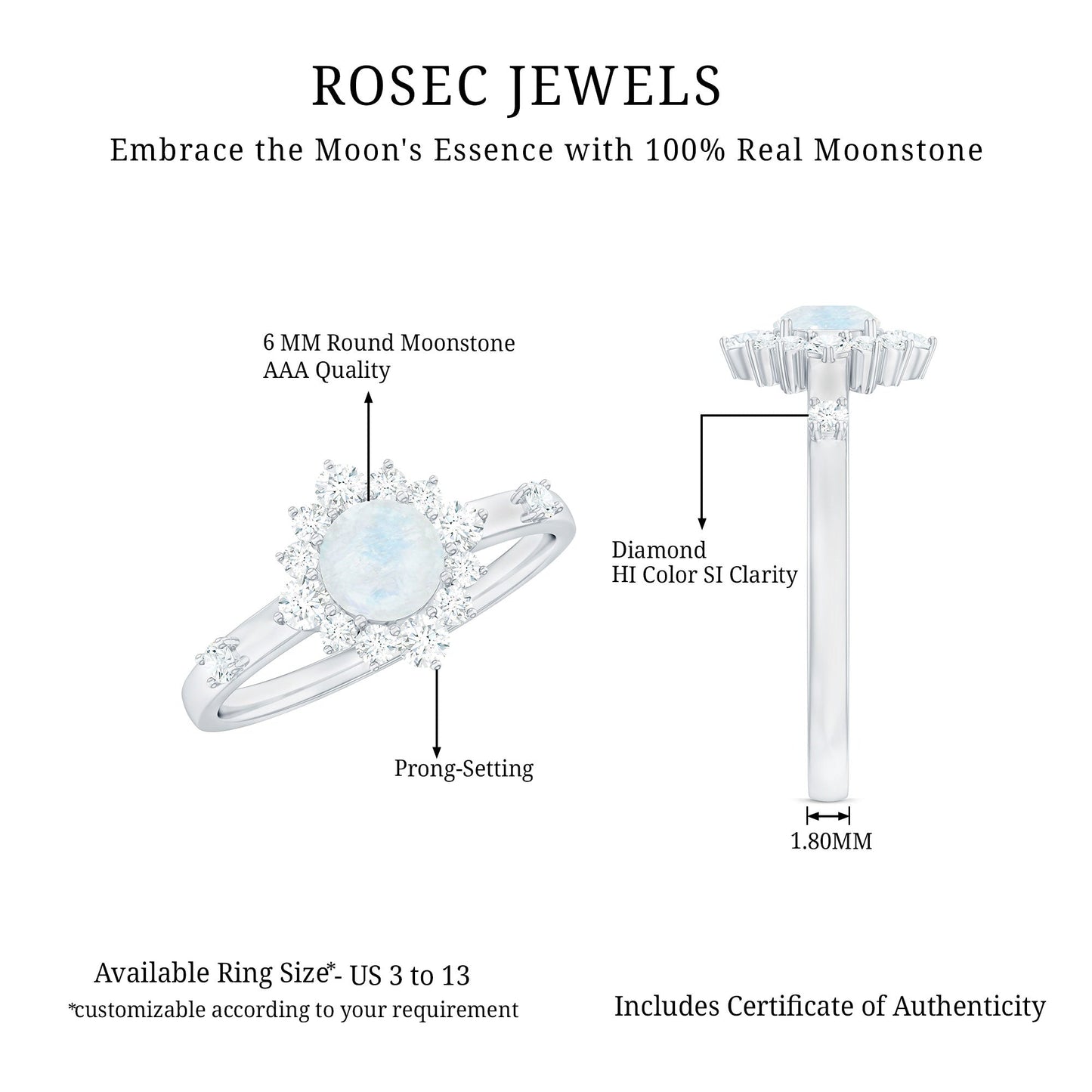 0.3 Carat Round Moonstone and Diamond Halo Engagement Ring