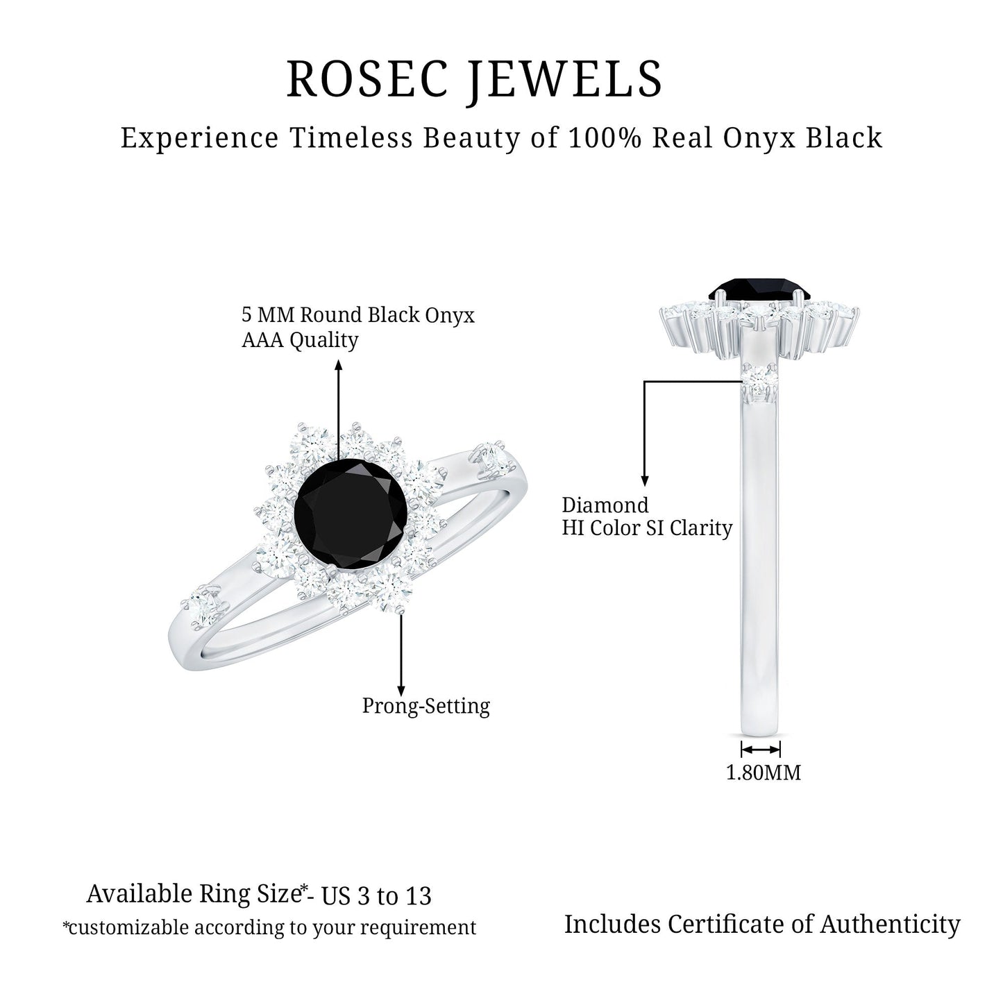 Certified Genuine 0.4 Carat Black Onyx Halo Ring with Diamond