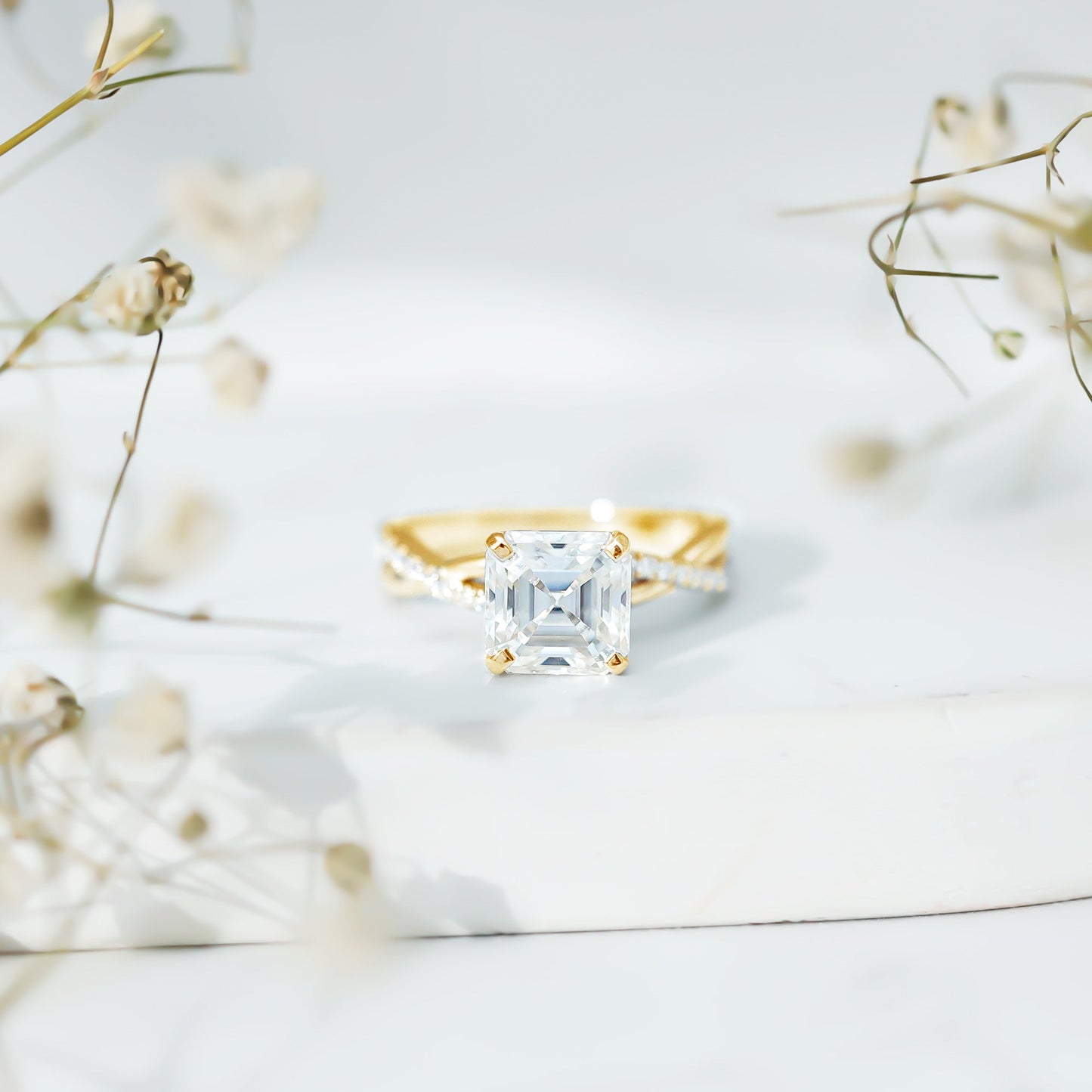 Certified Moissanite Asscher Cut Engagement Ring with Twisted Shank