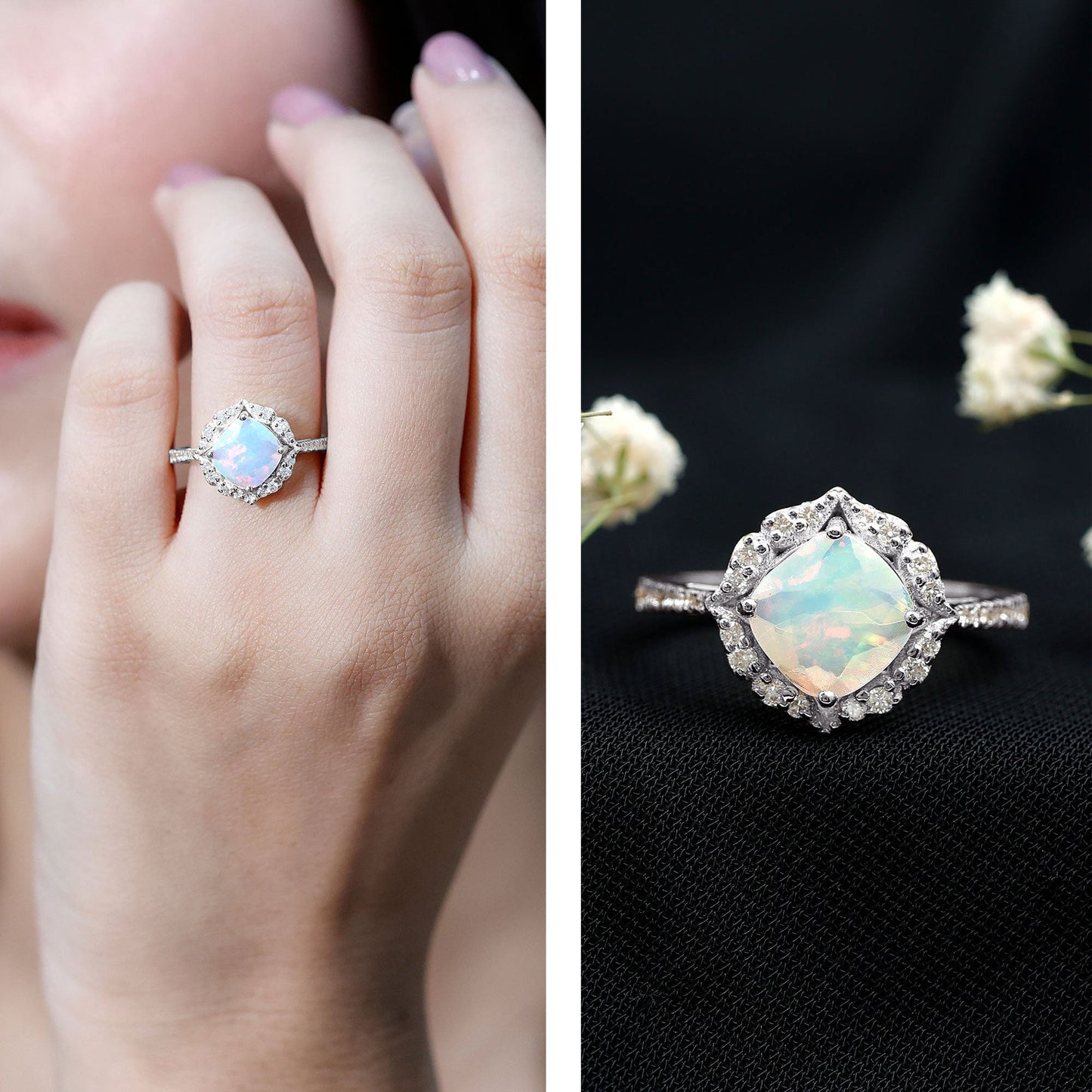 Certified 1.8 Carat Opalescent Vintage Inspired Engagement Ring with Diamond Halo