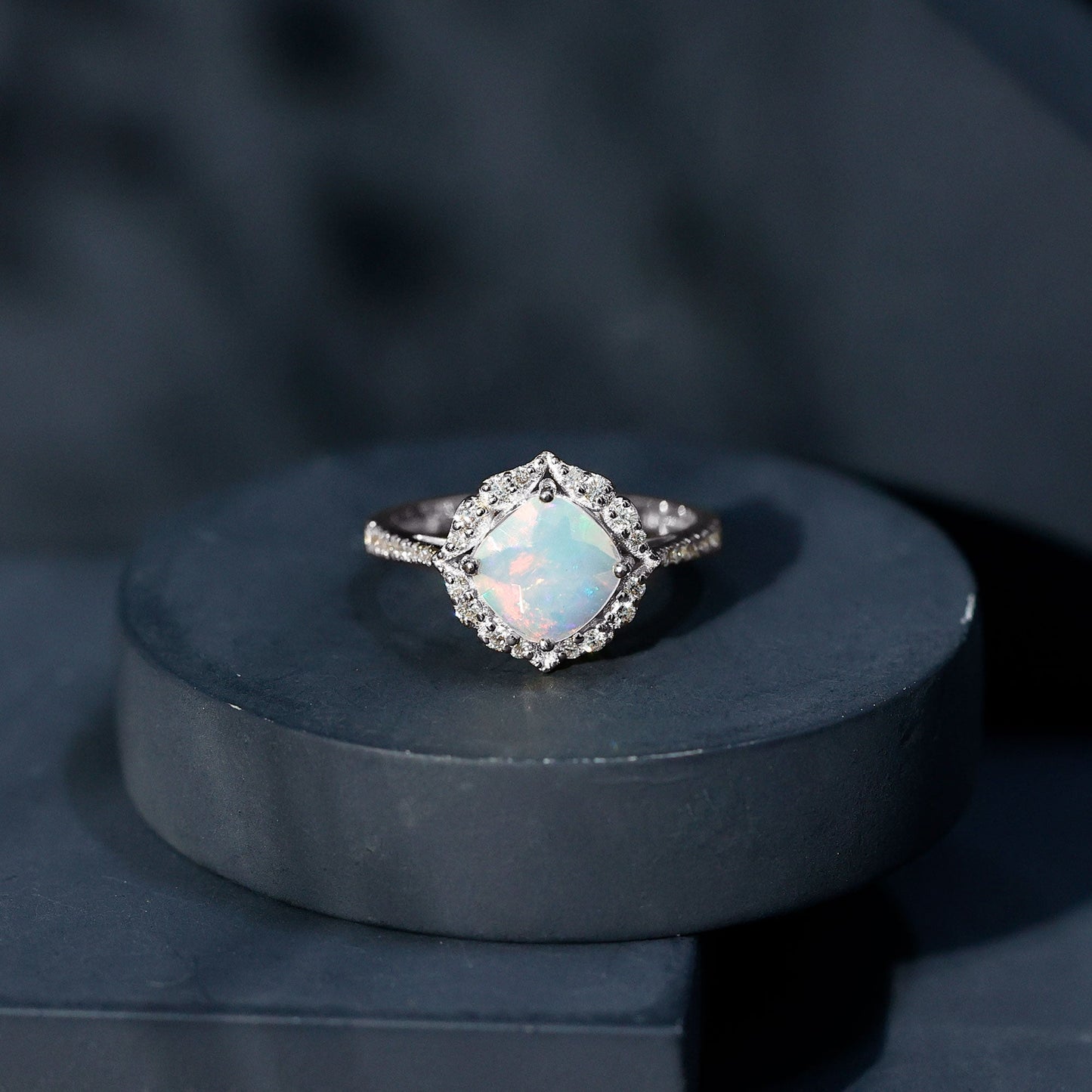 Certified 1.8 Carat Opalescent Vintage Inspired Engagement Ring with Diamond Halo