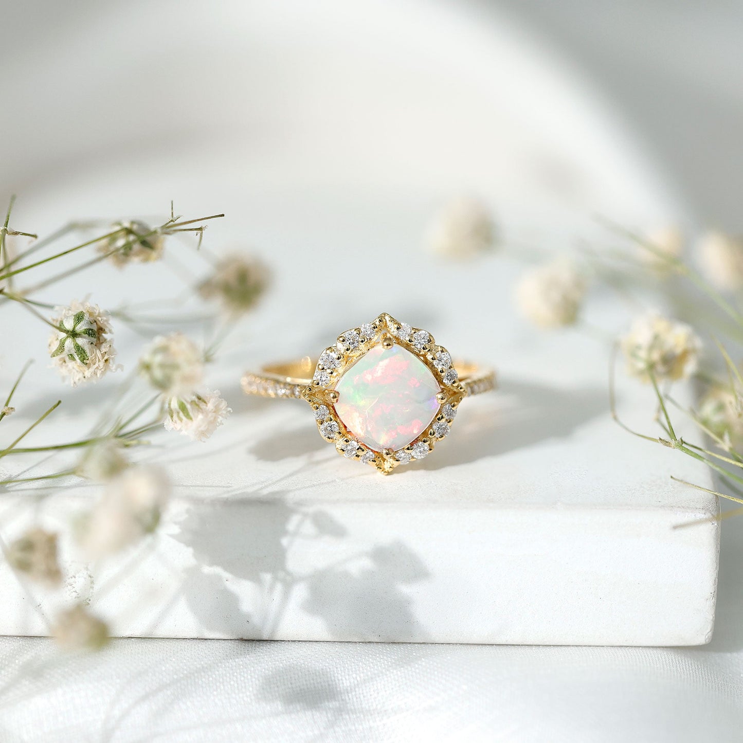 Certified 1.8 Carat Opalescent Vintage Inspired Engagement Ring with Diamond Halo