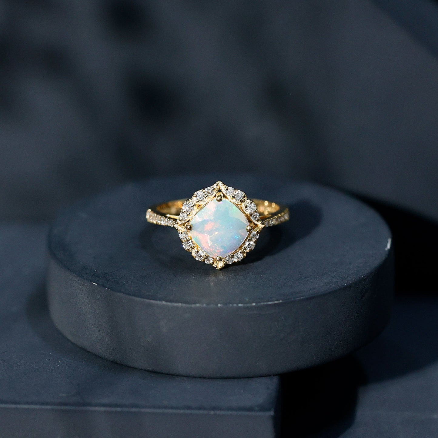 Certified 1.8 Carat Opalescent Vintage Inspired Engagement Ring with Diamond Halo