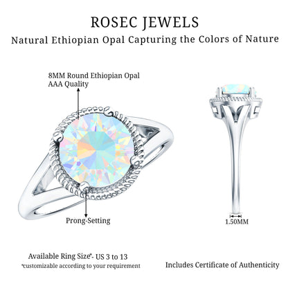 Certified Real 2 Carat Round Ethiopian Opal Split Shank Engagement Ring with Twisted Rope