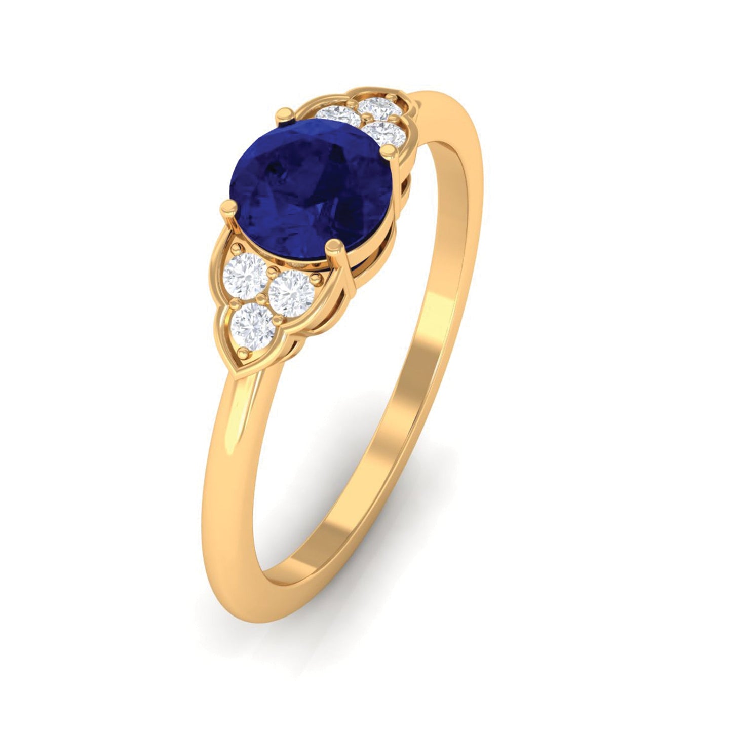 Round 0.9 Carat Blue Sapphire Engagement Ring with Diamond Trio