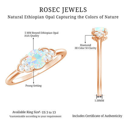 Natural Ethiopian Rainbow Opal Engagement Ring with Diamond Trio