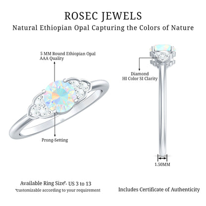 Natural Ethiopian Rainbow Opal Engagement Ring with Diamond Trio
