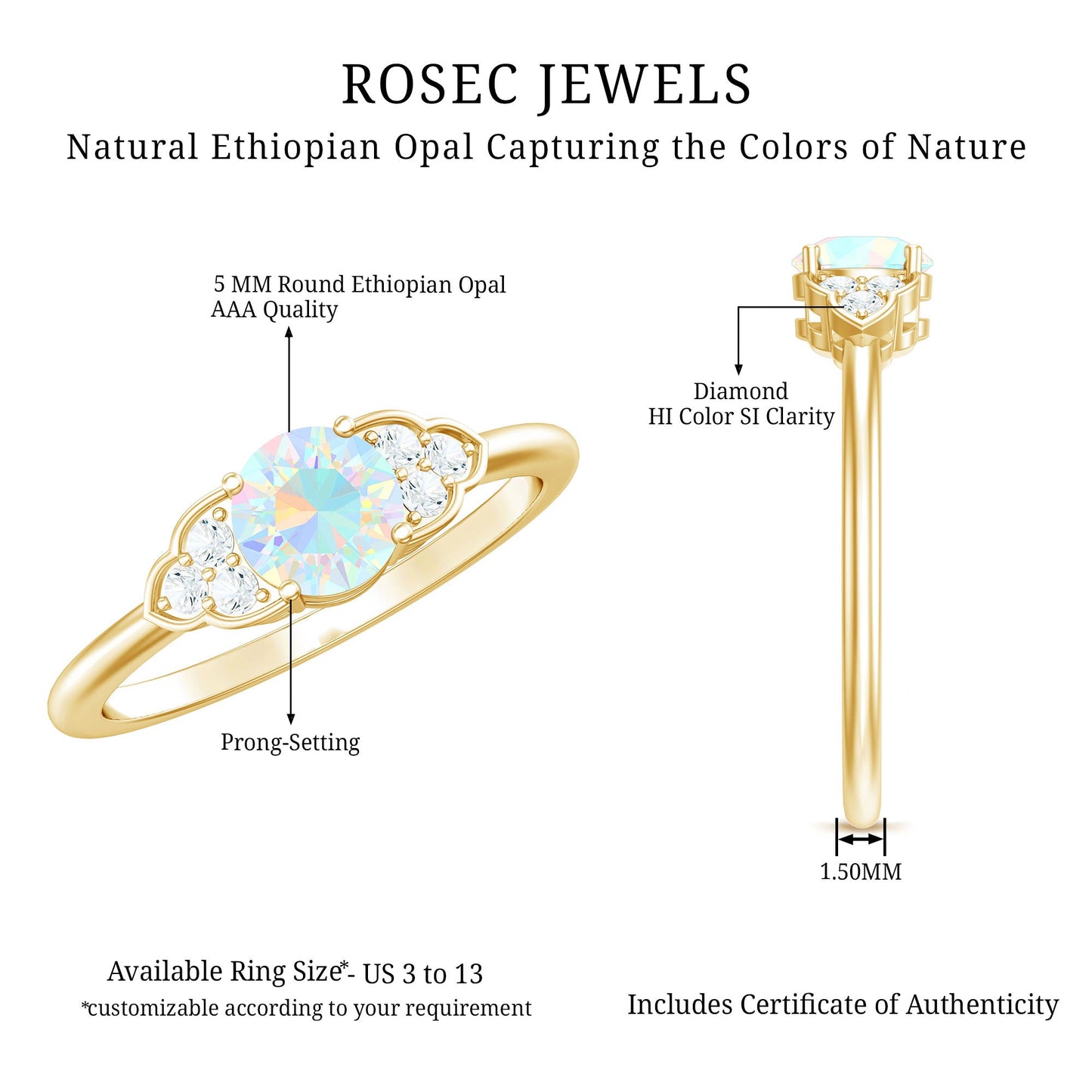 Natural Ethiopian Rainbow Opal Engagement Ring with Diamond Trio