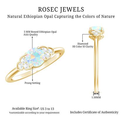 Natural Ethiopian Rainbow Opal Engagement Ring with Diamond Trio