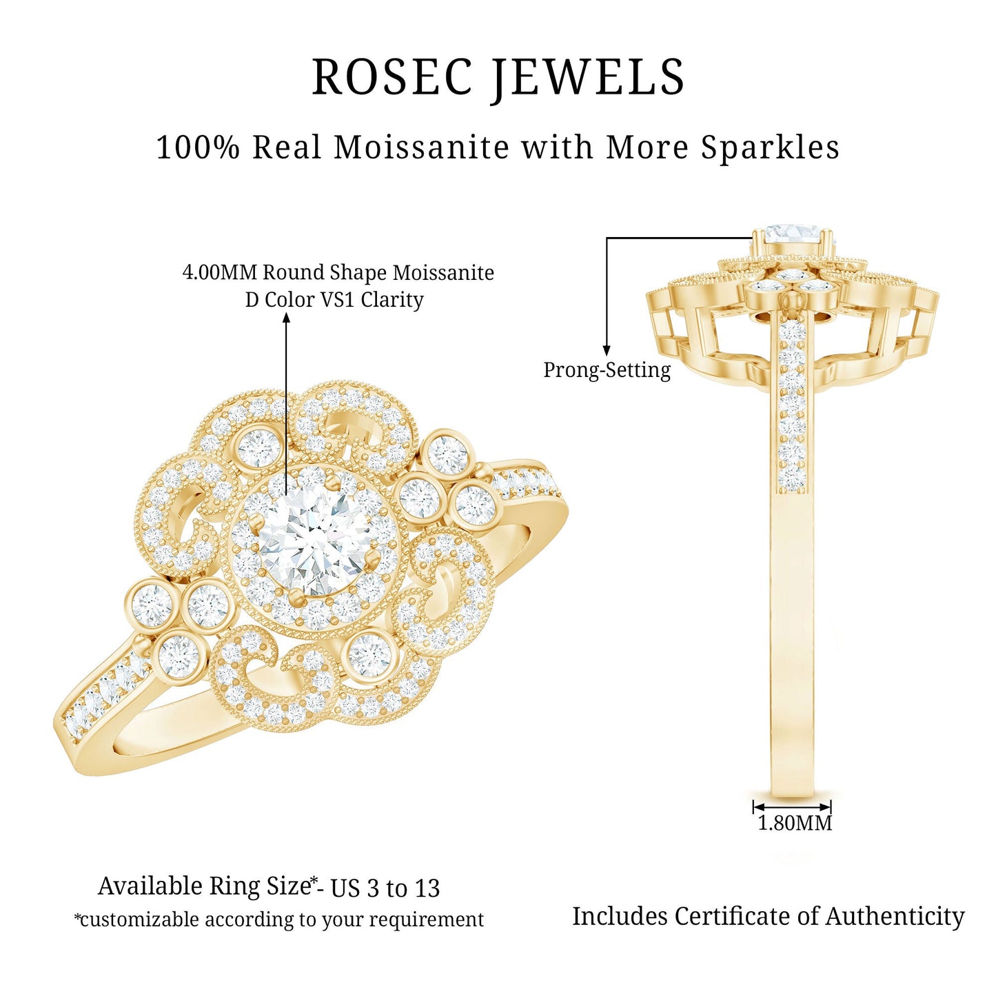 Certified Moissanite Antique Looking Engagement Ring for Women