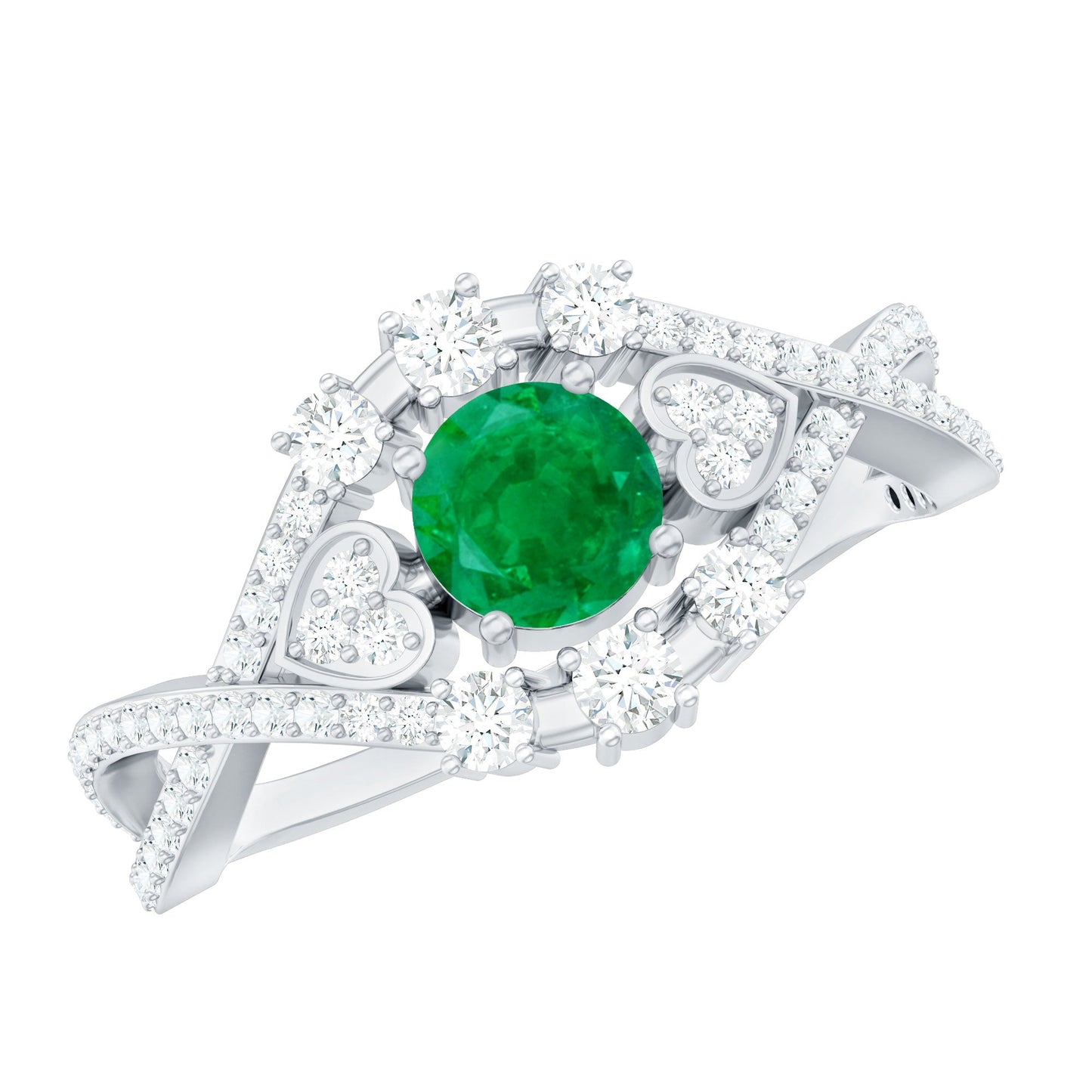 Natural Emerald Diamond Antique Style Engagement Ring with Crossover Shank