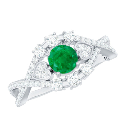Natural Emerald Diamond Antique Style Engagement Ring with Crossover Shank