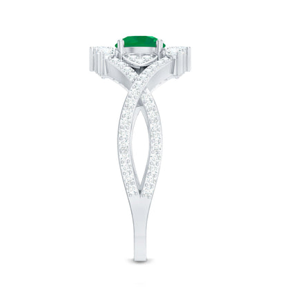 Natural Emerald Diamond Antique Style Engagement Ring with Crossover Shank