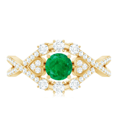 Natural Emerald Diamond Antique Style Engagement Ring with Crossover Shank