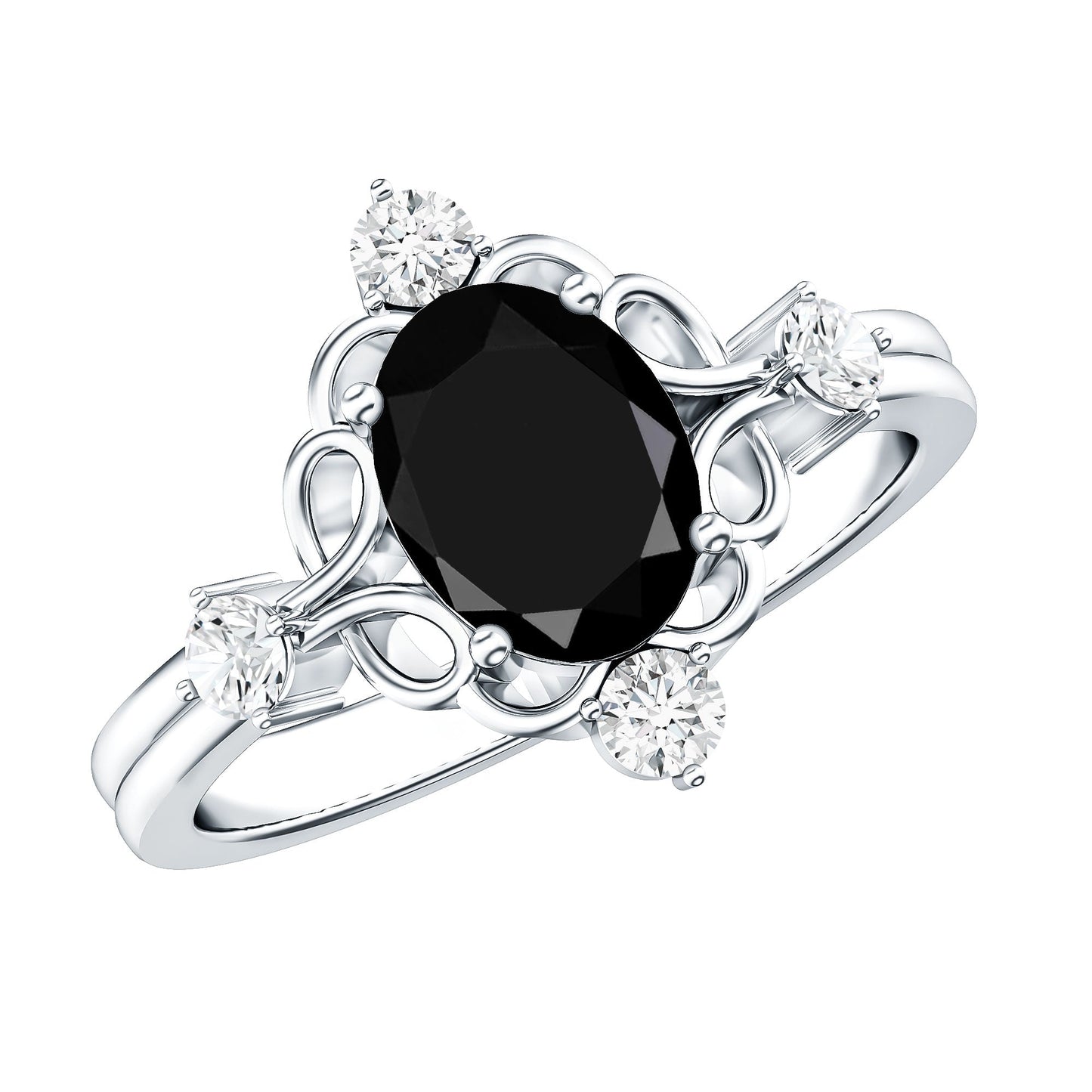Vintage Style 1.9 Carat Lab Grown Black Diamond Oval Engagement Ring with White Diamond
