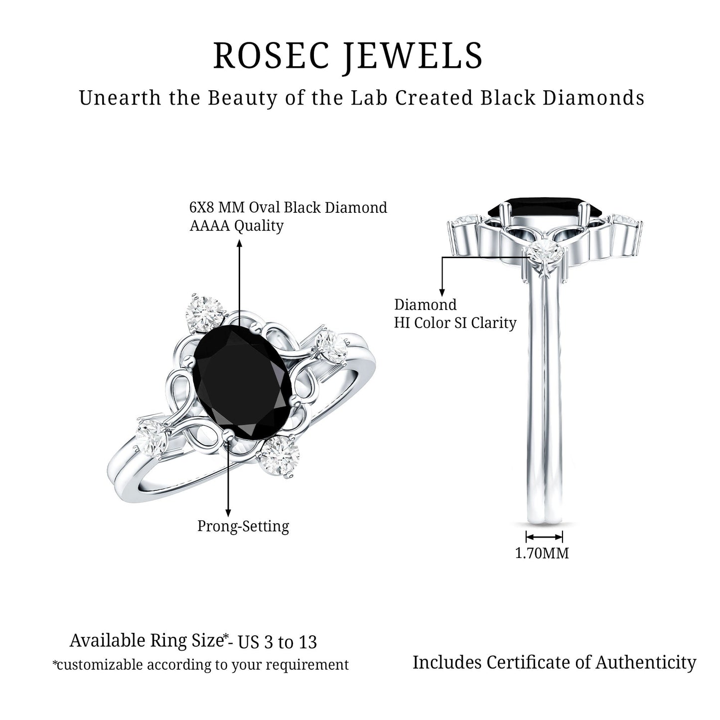 Vintage Style 1.9 Carat Lab Grown Black Diamond Oval Engagement Ring with White Diamond