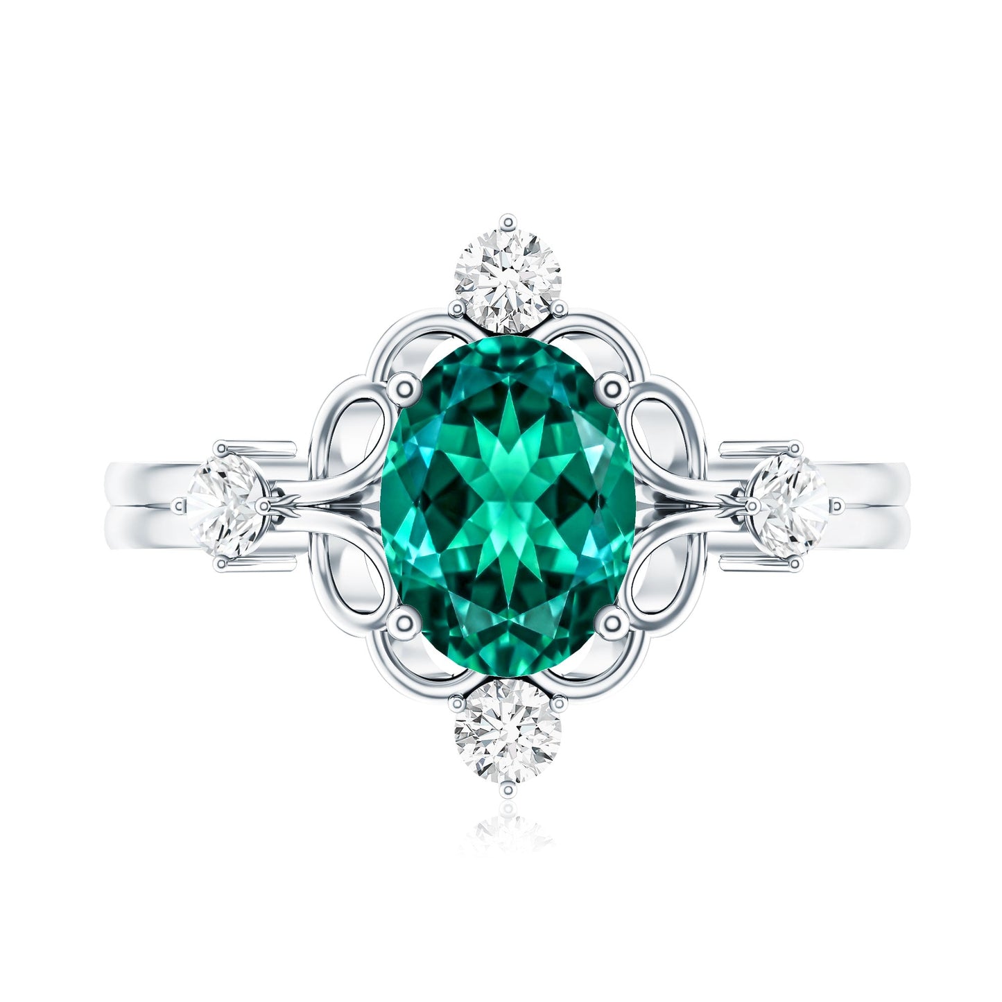 Vintage Inspired 1.2 Carat Lab Grown Emerald Oval Engagement Ring with Diamond