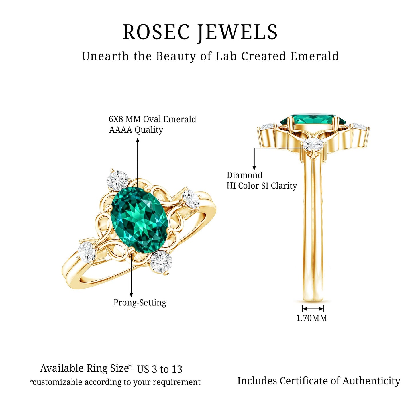 Vintage Inspired 1.2 Carat Lab Grown Emerald Oval Engagement Ring with Diamond