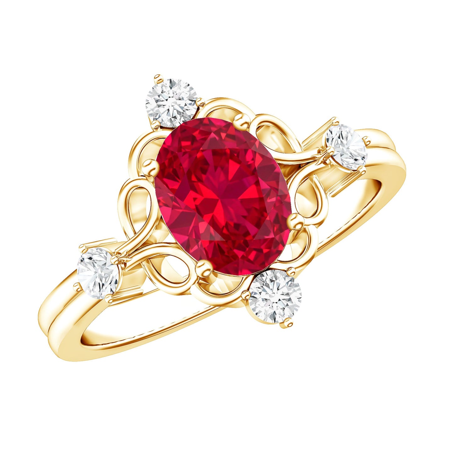Oval Cut Created Ruby Solitaire Cocktail Ring with Diamond
