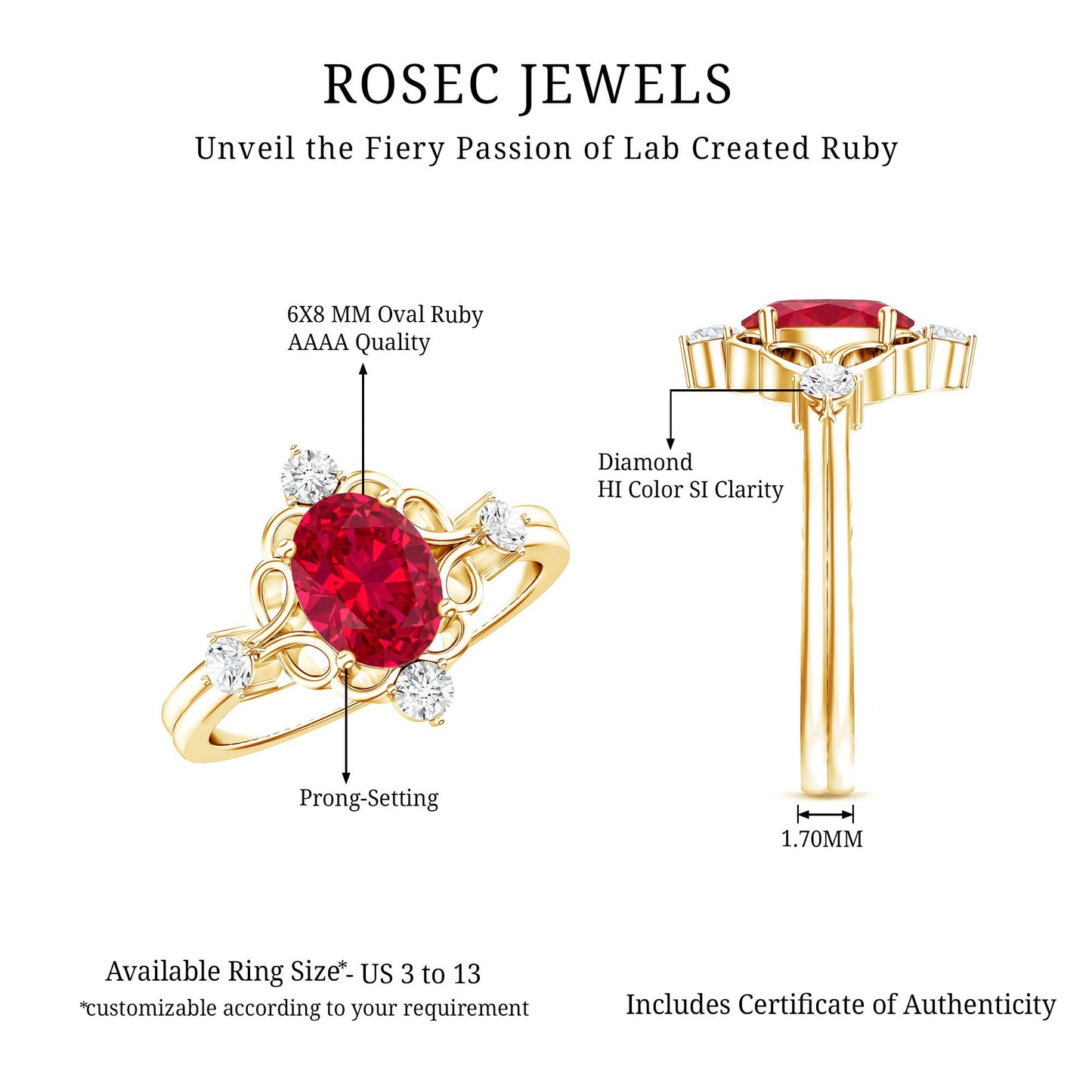 Oval Cut Created Ruby Solitaire Cocktail Ring with Diamond