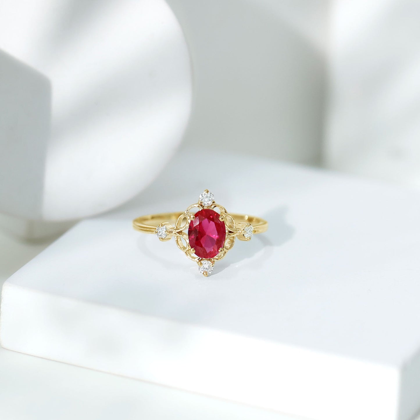 Oval Cut Created Ruby Solitaire Cocktail Ring with Diamond
