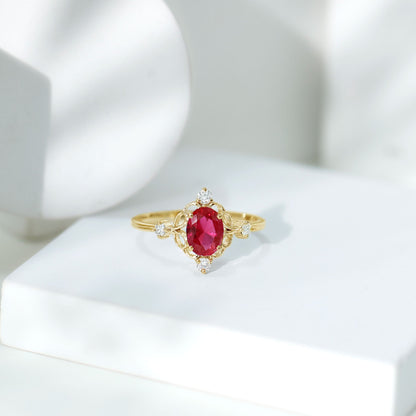 Oval Cut Created Ruby Solitaire Cocktail Ring with Diamond