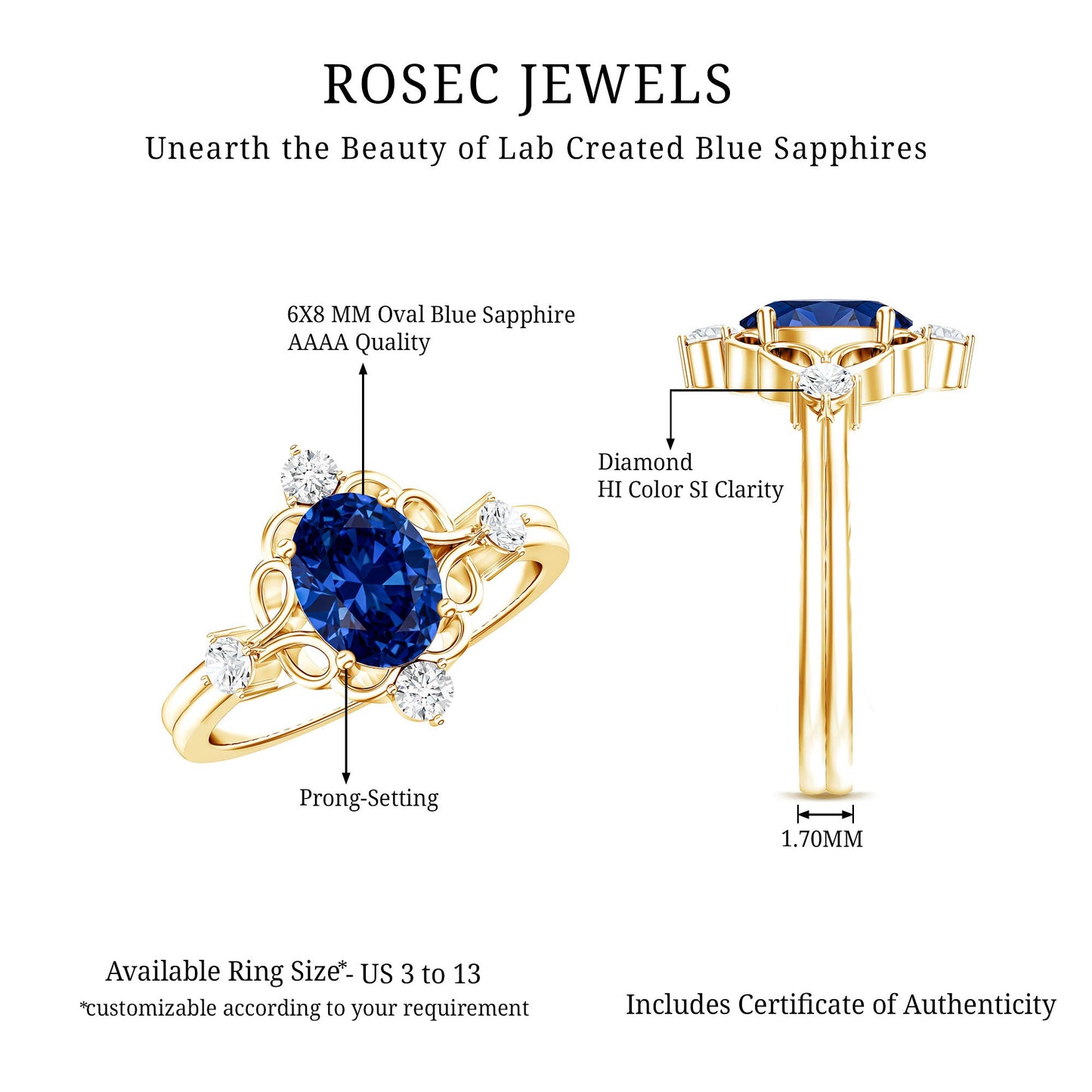 1.5 Carat Oval Cut Lab Grown Blue Sapphire Vintage Engagement Ring with Diamond