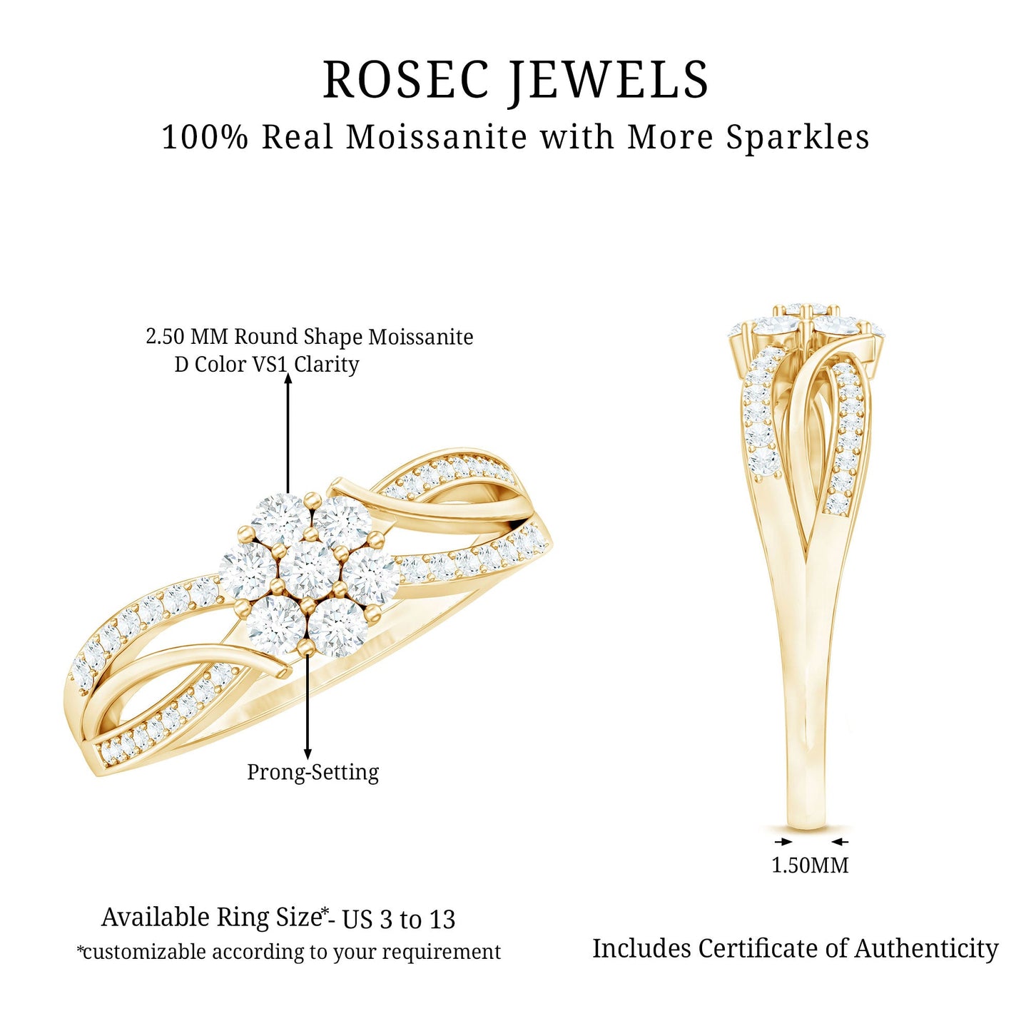 Certified Moissanite Flower Engagement Ring in Infinity Shank