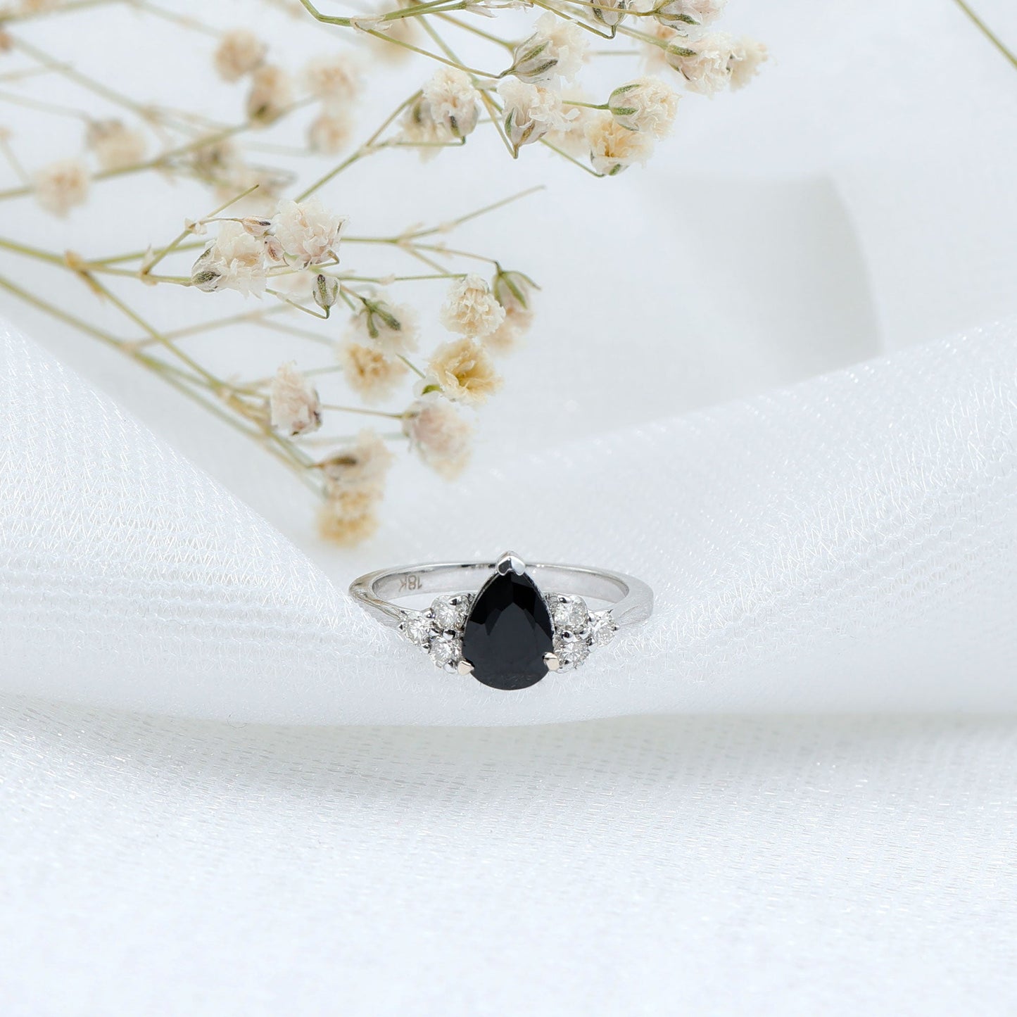 0.85 Carat Pear Shaped Created Black Diamond Solitaire Ring with Diamond