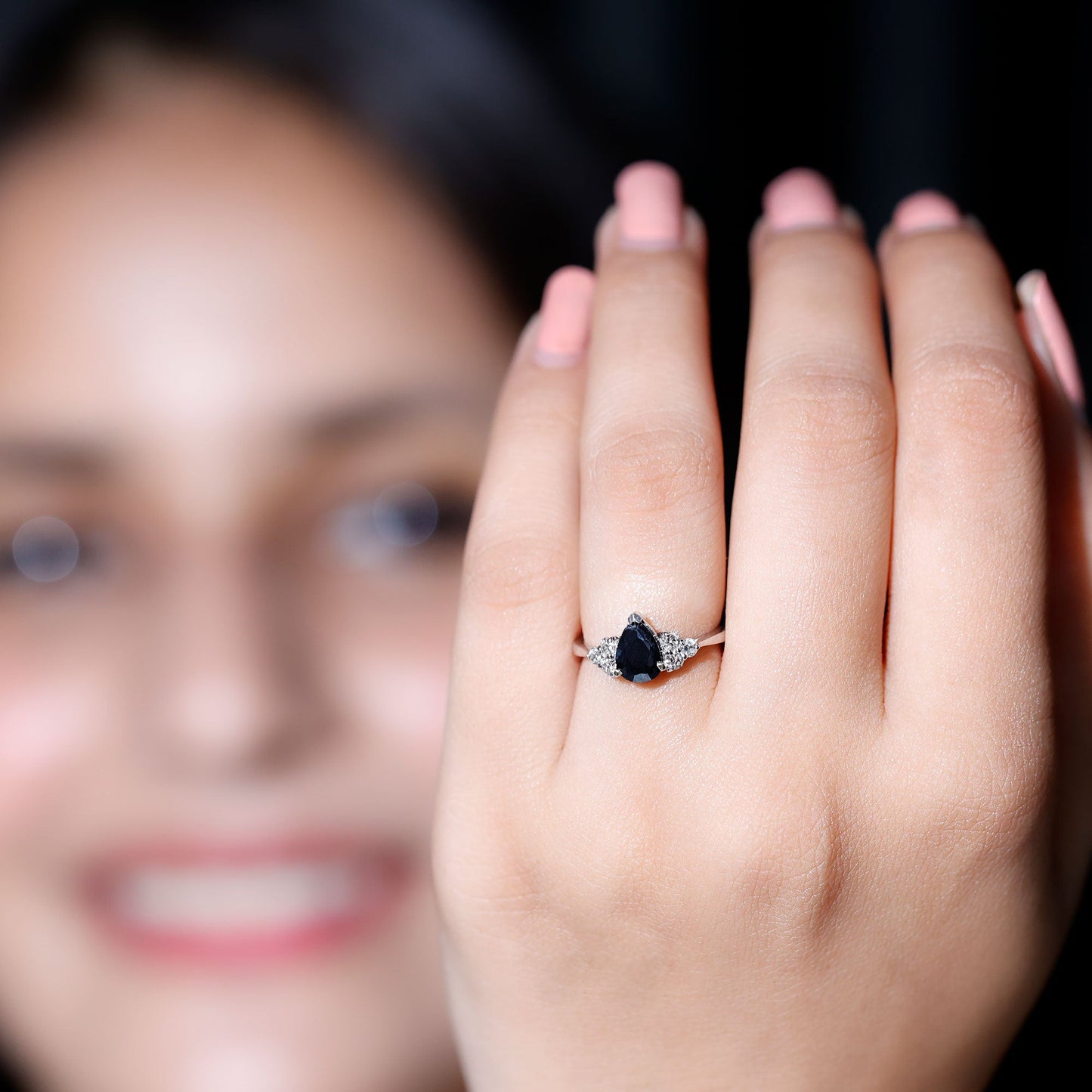0.85 Carat Pear Shaped Created Black Diamond Solitaire Ring with Diamond