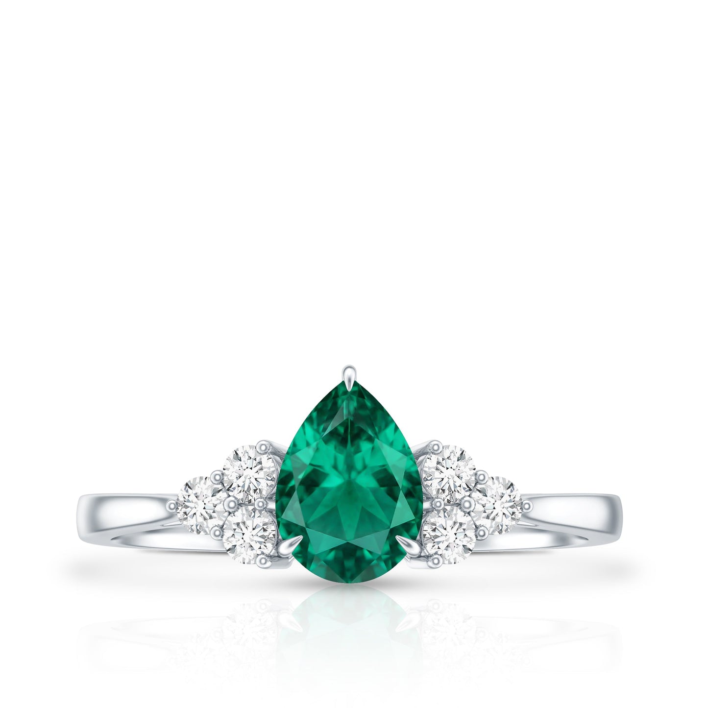 Certified Lab Grown Emerald Pear Shaped Engagement Ring with Diamond Trio
