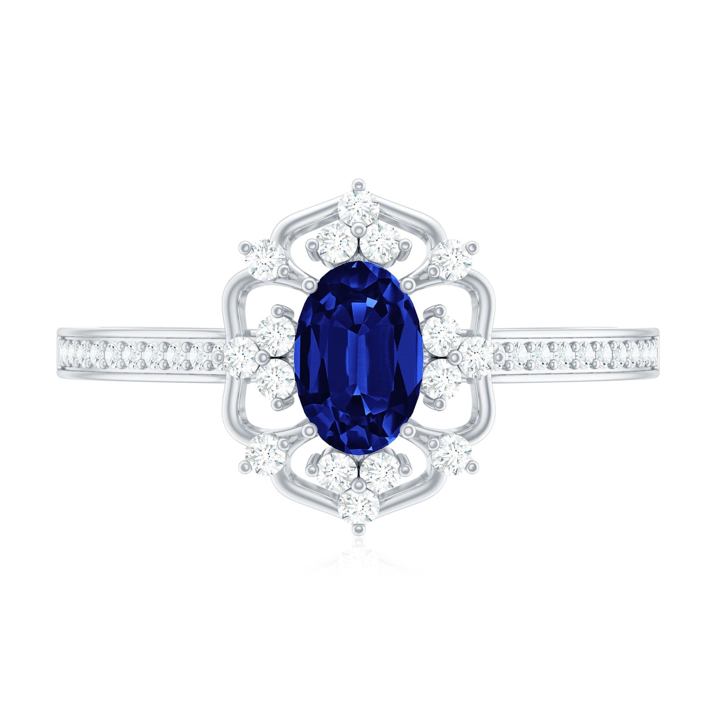 Vintage Style Created Blue Sapphire and Diamond Flower Engagement Ring
