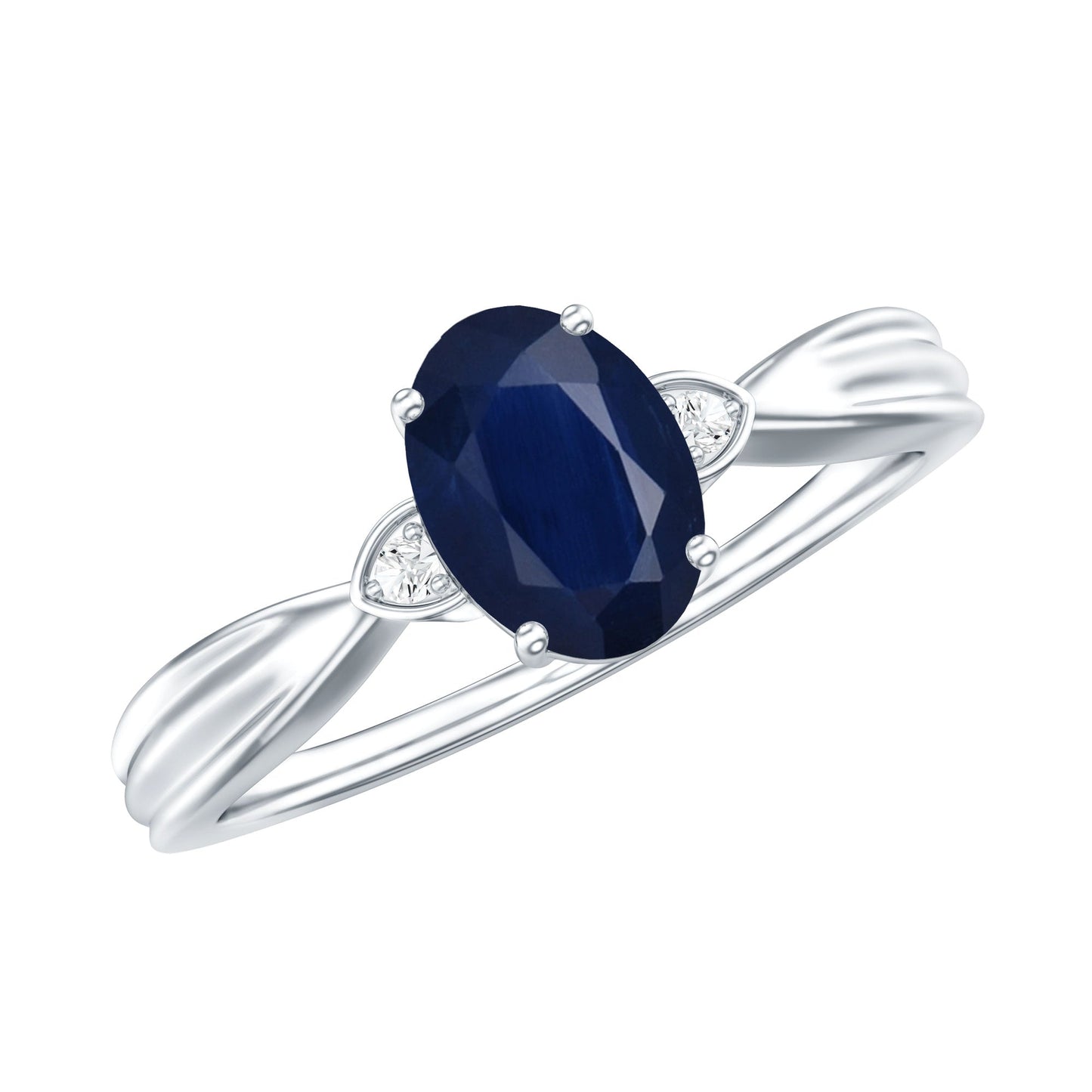 Oval Shape Real Blue Sapphire Solitaire Ring with Diamond