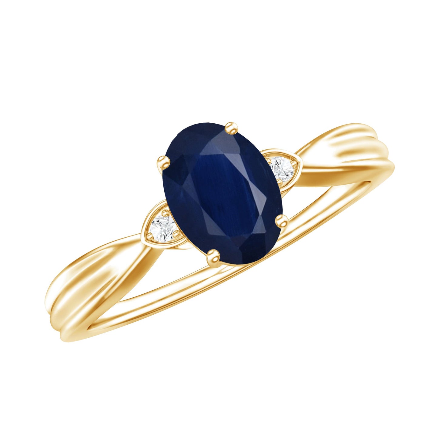 Oval Shape Real Blue Sapphire Solitaire Ring with Diamond